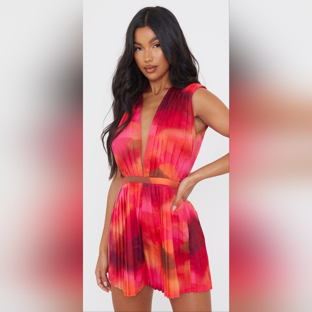 Pretty Little Thing Pink Wavw Print Pleated Shoulder Pad Plunge Romper Size: 12